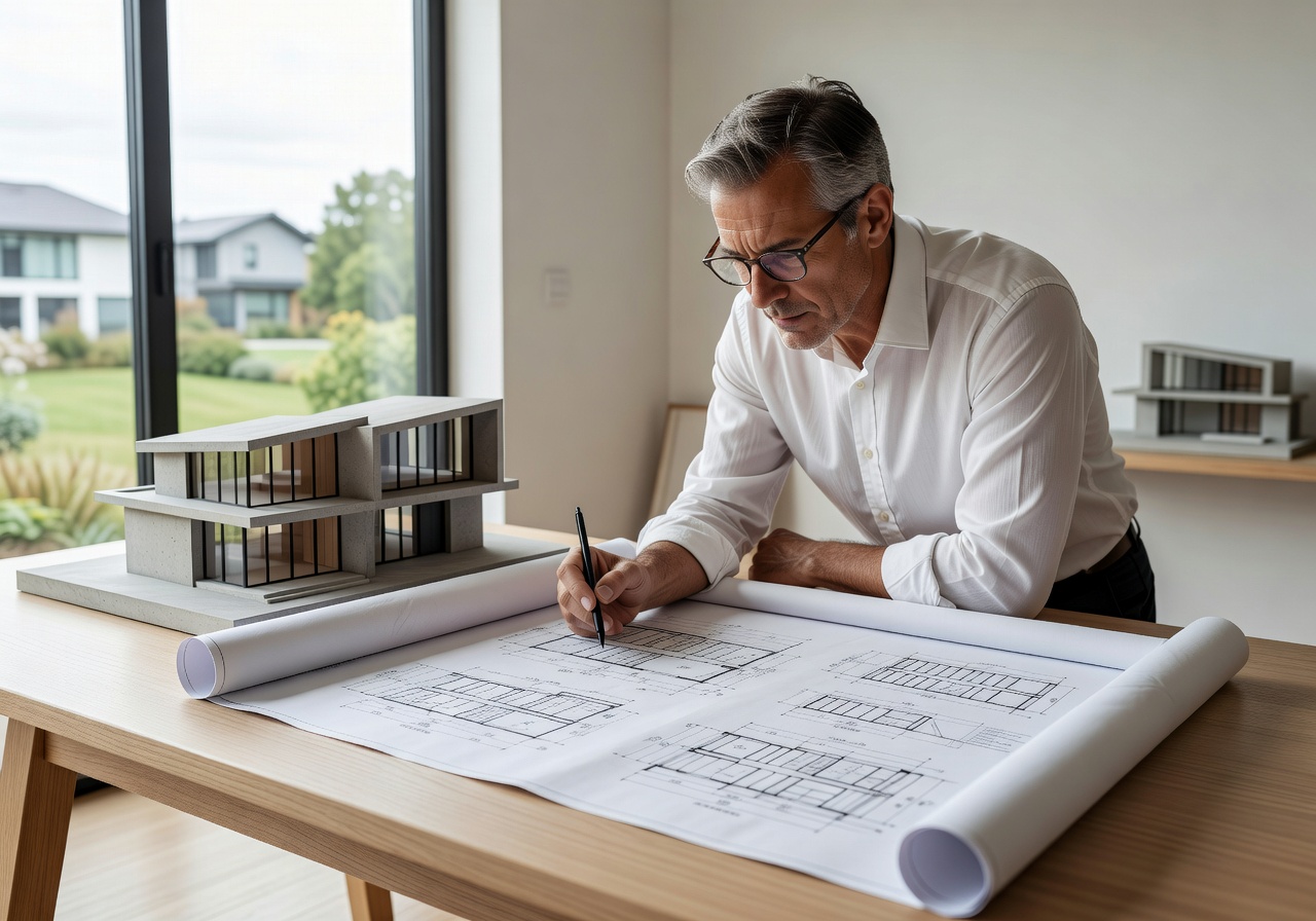 Architect reviewing modern home blueprints