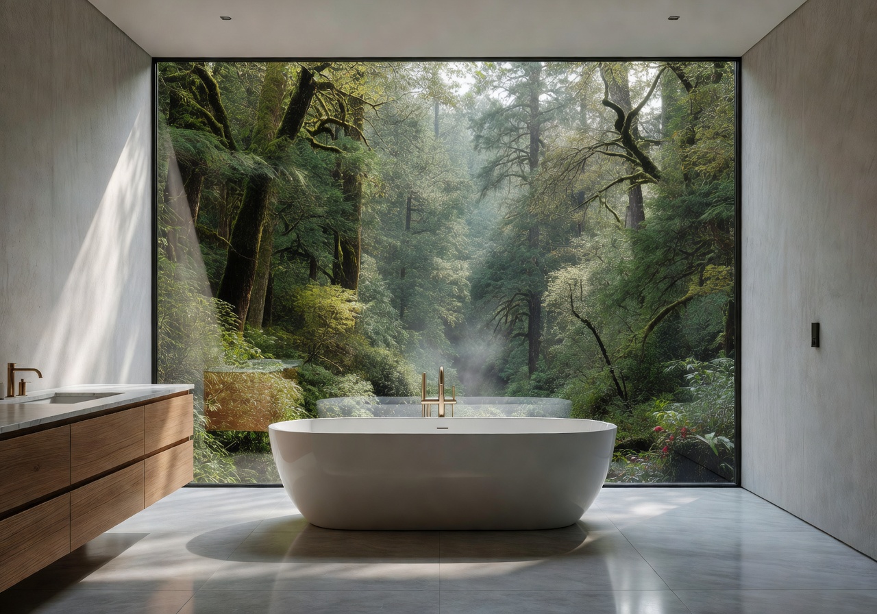 Bathroom with panoramic forest view