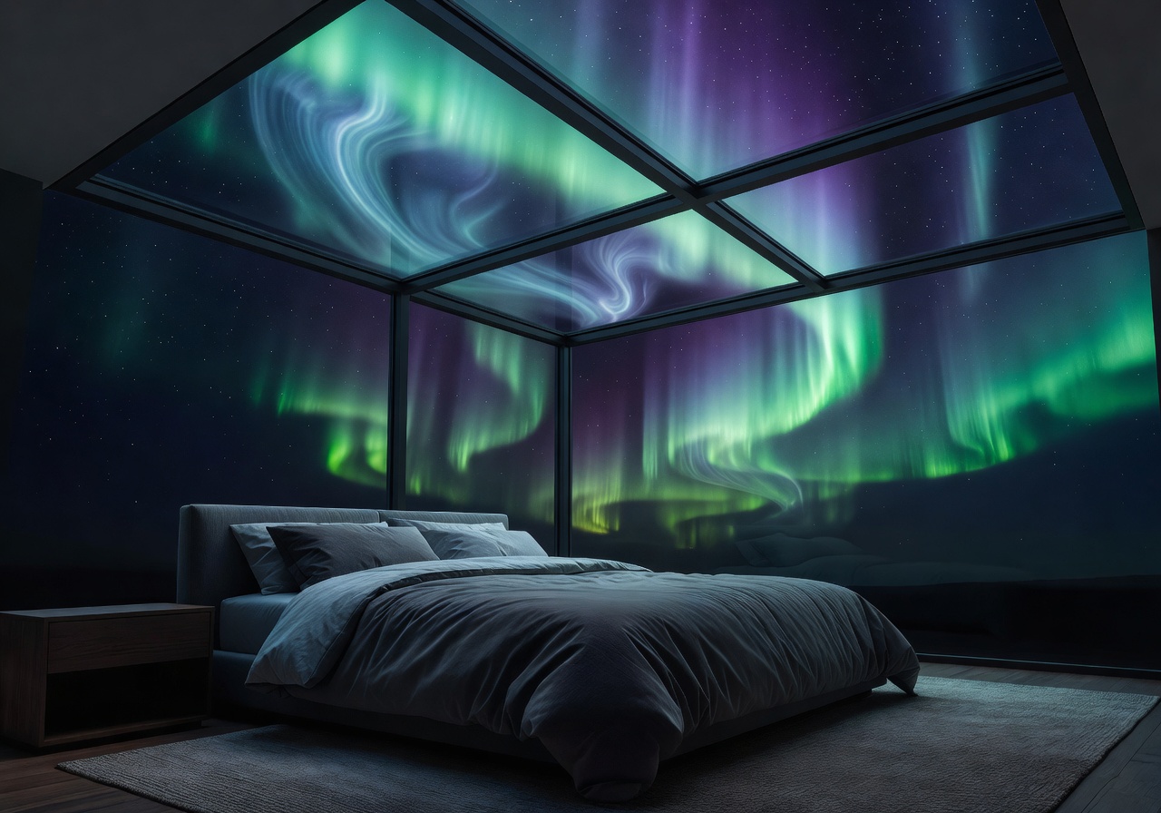 Bedroom glass ceiling for northern lights