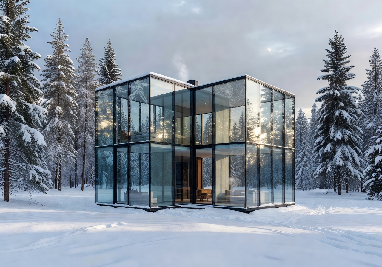 Compact modular glass home in winter setting
