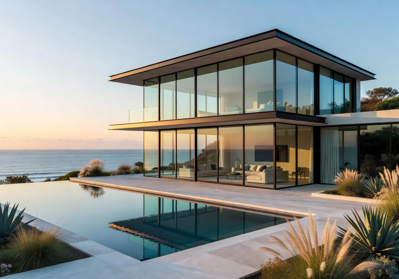 Full glass luxury villa exterior view