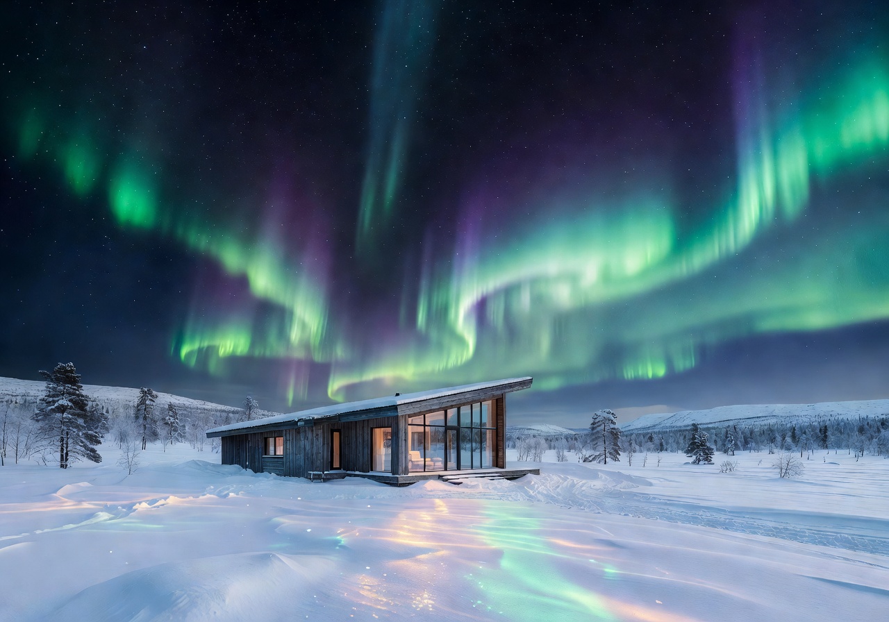 Full view of the Arctic Aurora Villa in snowy Levi landscape