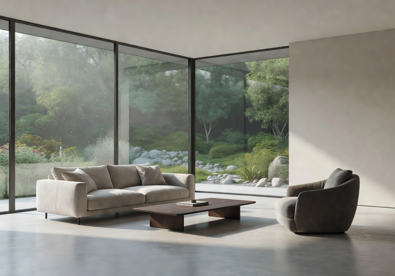 Interior view of living room with glass walls